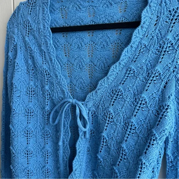 Blue Knit Women's Cardigan with Tie Front - Picture 6 of 6
